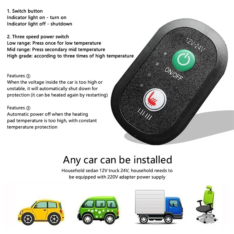 Coussin chauffant pour siège de voiture WM-XL2 2 pièces / set 12 V / 24 V Couverture de siège de véhicule chauffante universelle pour les jours froids - Noir