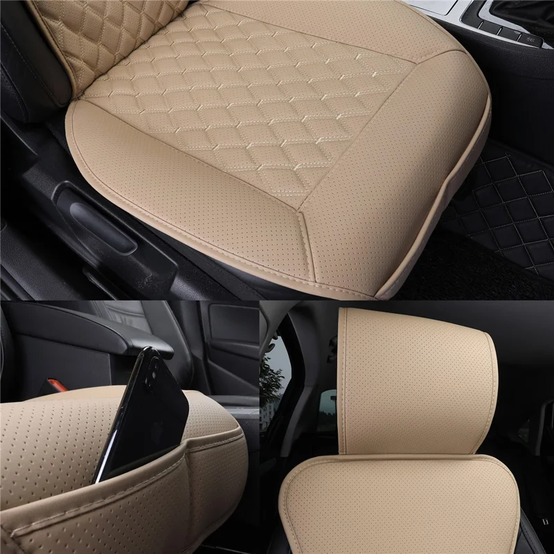 2 Sets PU Leder Autositzpolster Matte Autositzschutz Sitzbezug - Beige