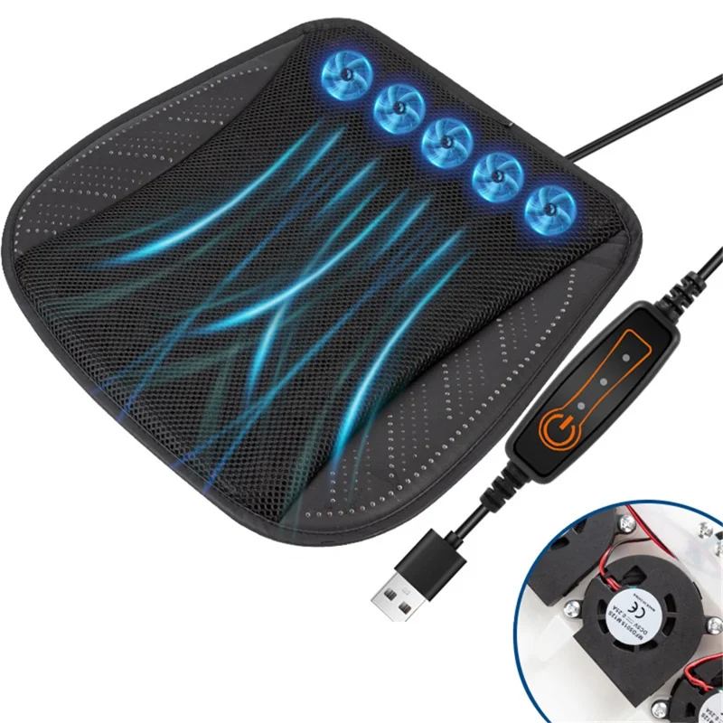 USB Powered Summer Breathable Car Seat Cushion Built-in 5 Fans Seat Cooling Mat - Black