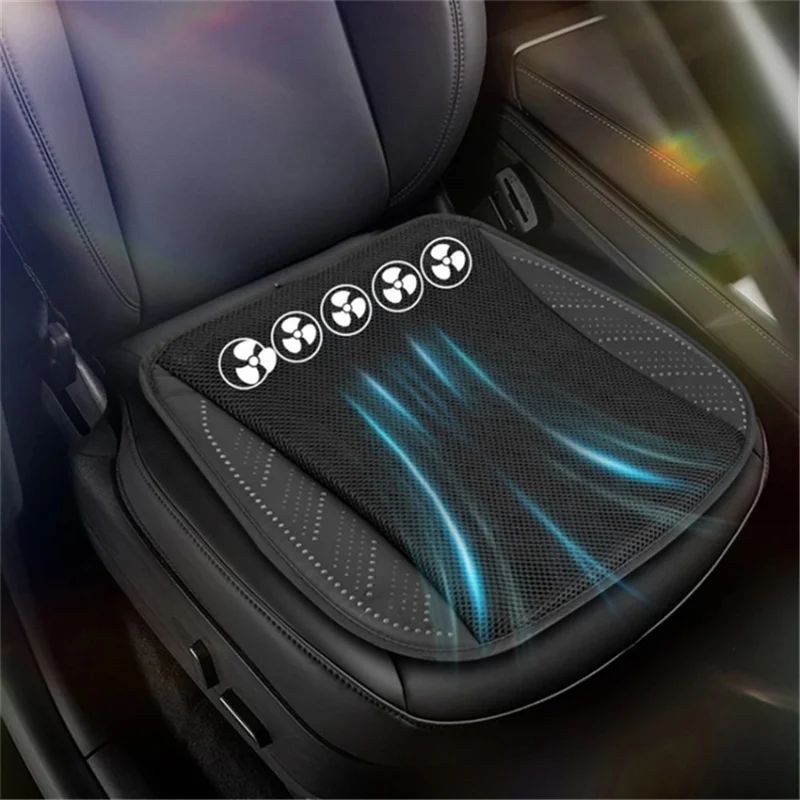 USB Powered Summer Breathable Car Seat Cushion Built-in 5 Fans Seat Cooling Mat - Black