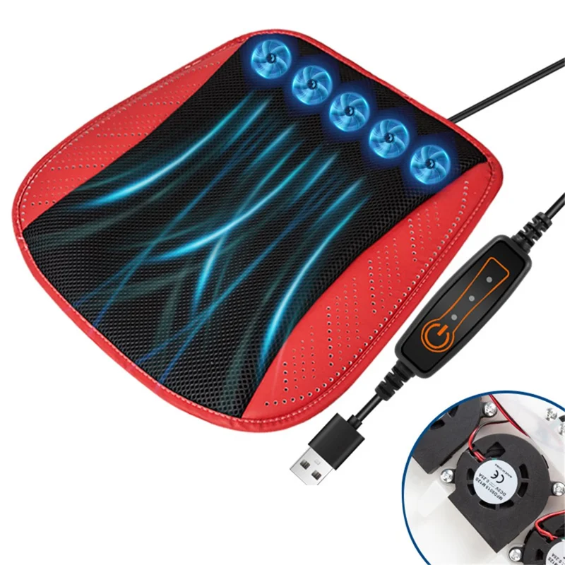 USB Powered Summer Breathable Car Seat Cushion Built-in 5 Fans Seat Cooling Mat - Red