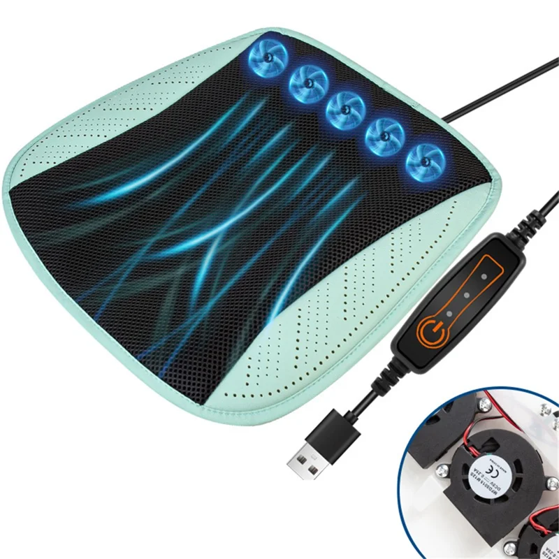 USB Powered Summer Breathable Car Seat Cushion Built-in 5 Fans Seat Cooling Mat - Cyan