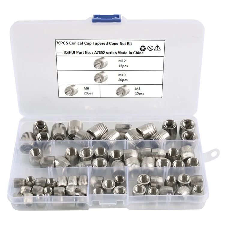 A7852 70Pcs M12+M10+M6+M8 Cône Couvercle Écrou Conique Kit avec Boîte de Rangement