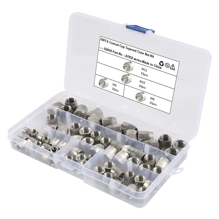 A7852 70Pcs M12+M10+M6+M8 Cône Couvercle Écrou Conique Kit avec Boîte de Rangement