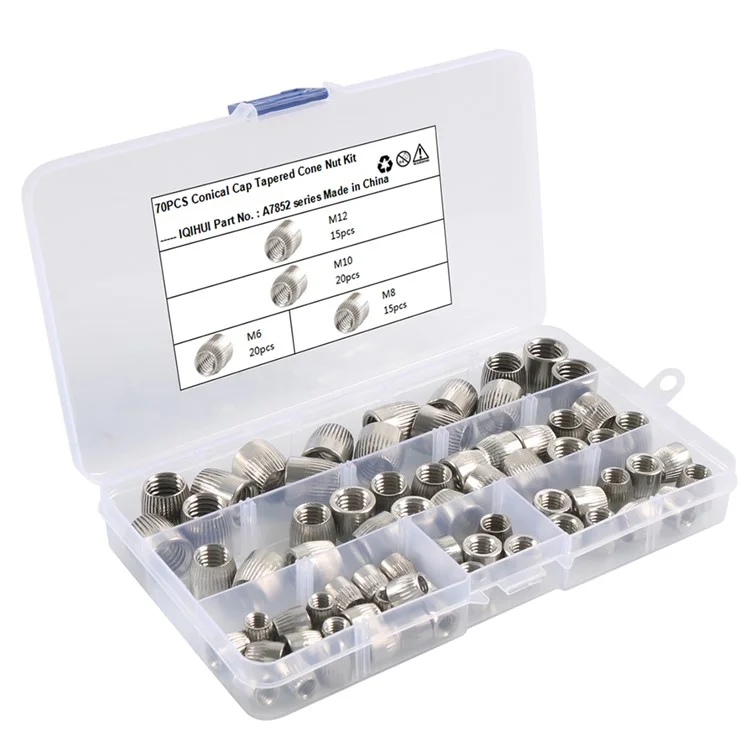 A7852 70Pcs M12+M10+M6+M8 Cône Couvercle Écrou Conique Kit avec Boîte de Rangement