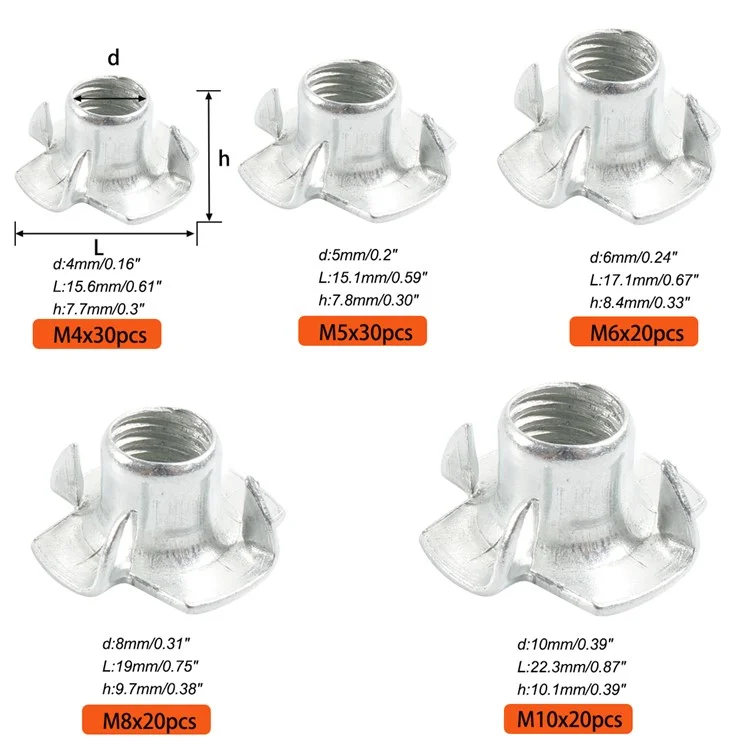 A8074 120 pièces M4+M5+M6+M8+M10 Kit d'écrous en acier au carbone à 4 branches avec boîte de rangement 