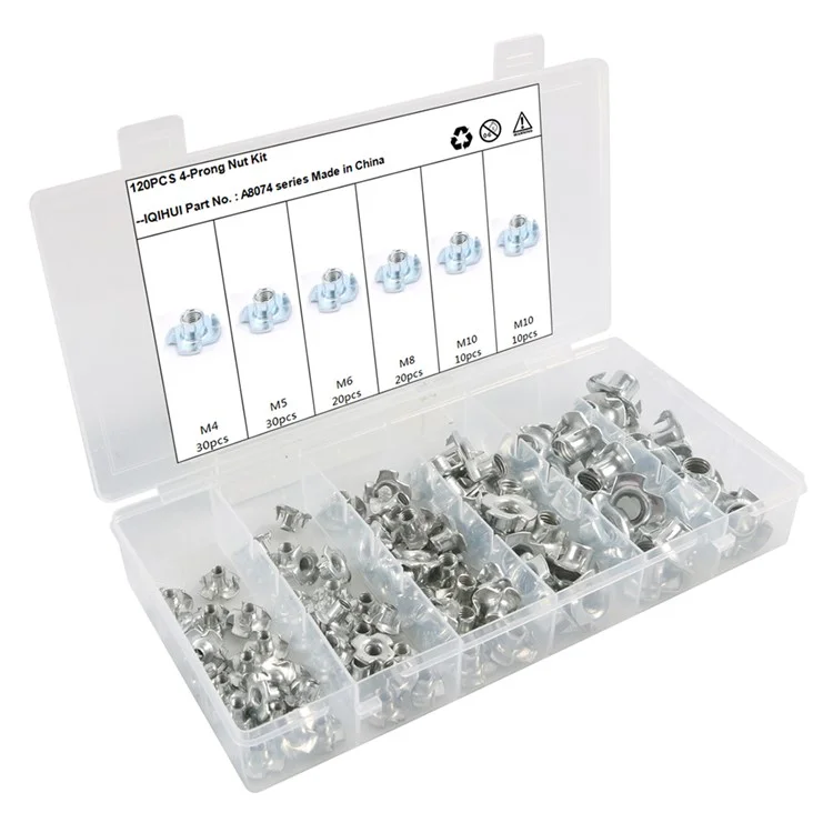 A8074 120 pièces M4+M5+M6+M8+M10 Kit d'écrous en acier au carbone à 4 branches avec boîte de rangement 