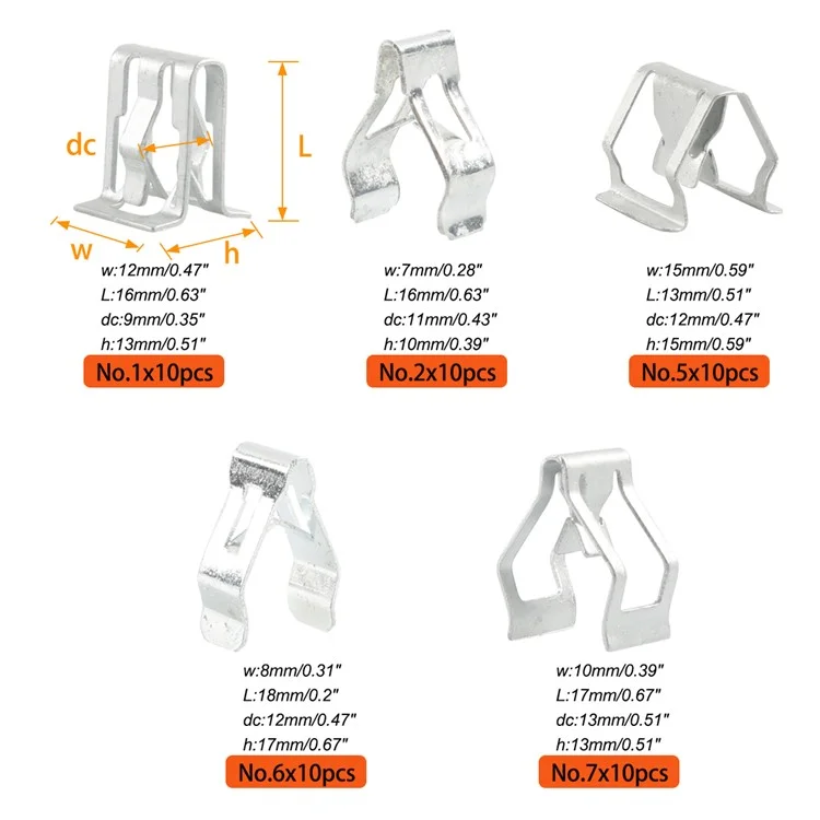 A8239 50 Pièces 1#+2#+5#+6#+7# Agrafe de Fixation de Garniture de Tableau de Bord en Acier au Carbone 