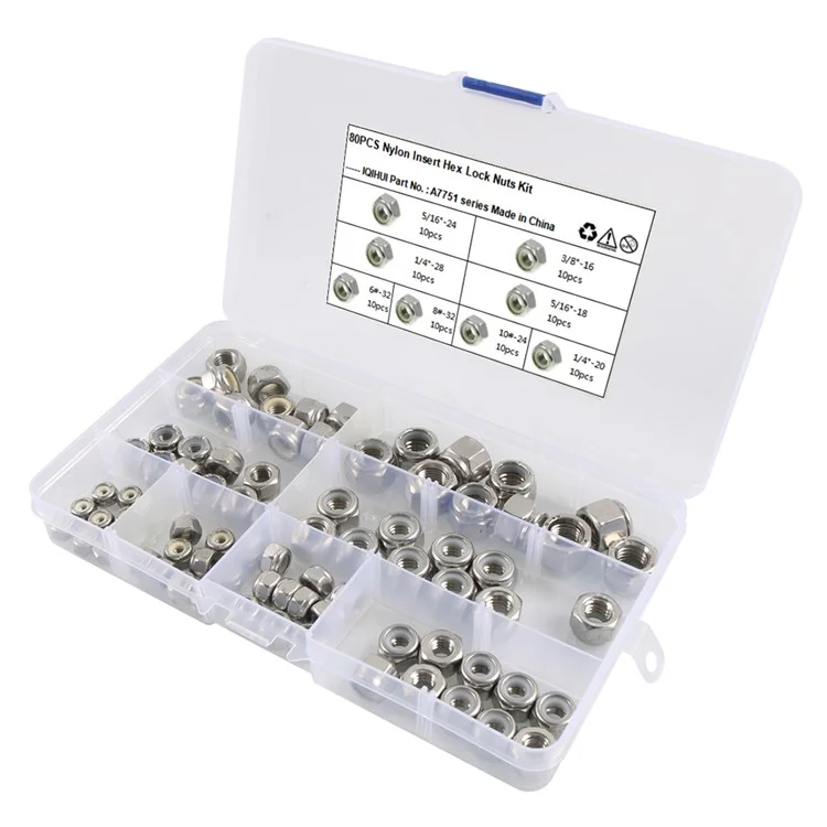 Kit assortiment de 80 pièces de 304 écrous hexagonaux de blocage en acier inoxydable + insert en nylon