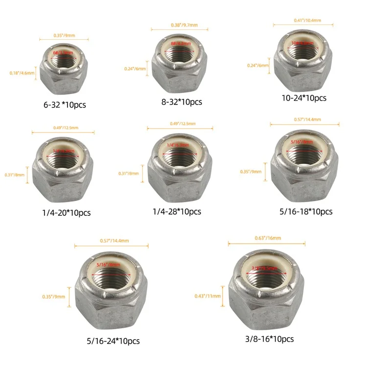 Kit assortiment de 80 pièces de 304 écrous hexagonaux de blocage en acier inoxydable + insert en nylon