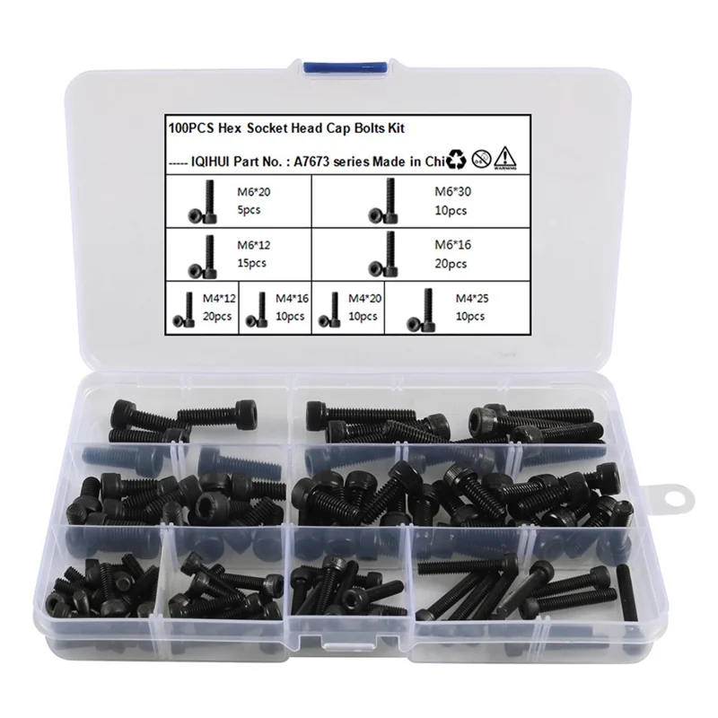 A7673 100Pcs M4+M6 Alloy Steel Hex Socket Head Cap Bolts Assortment Kit