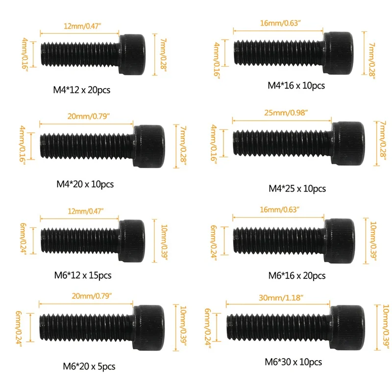 A7673 100Pcs M4+M6 Alloy Steel Hex Socket Head Cap Bolts Assortment Kit