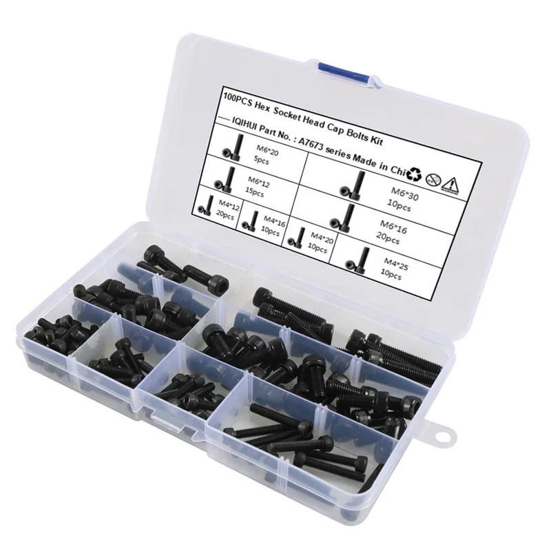 A7673 100Pcs M4+M6 Alloy Steel Hex Socket Head Cap Bolts Assortment Kit