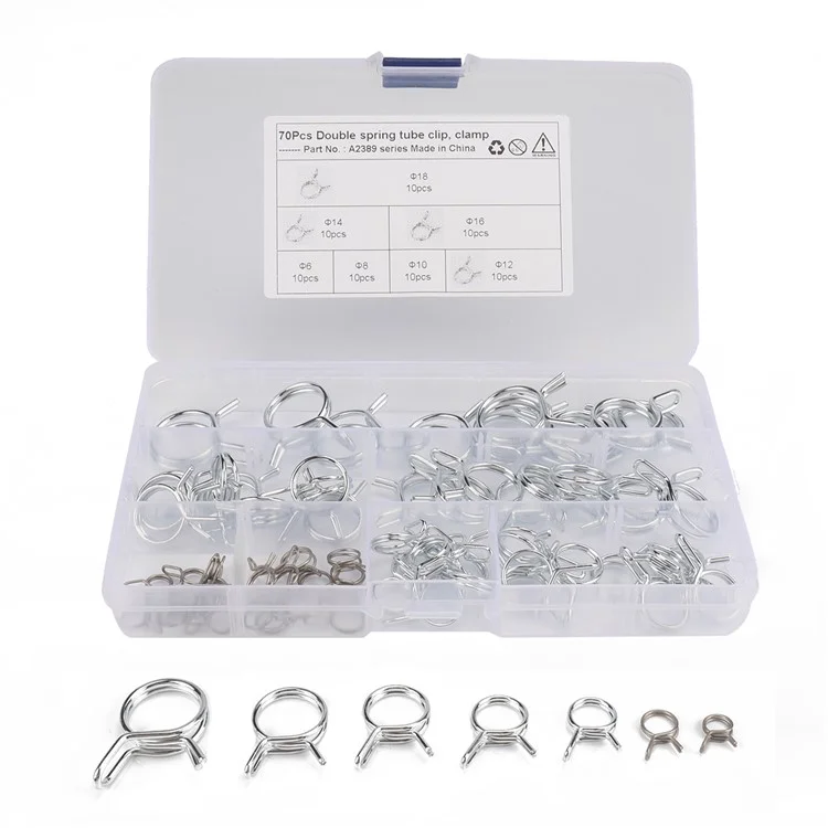 A2389 70Pcs 6-18 Assorted Double Spring Tube Clip Clamp avec boîte de rangement