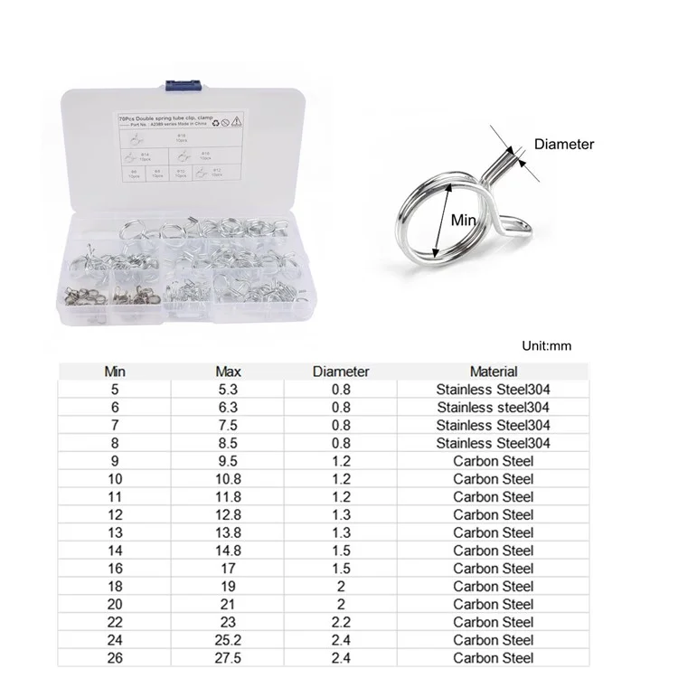 A2389 70Pcs 6-18 Assorted Double Spring Tube Clip Clamp avec boîte de rangement