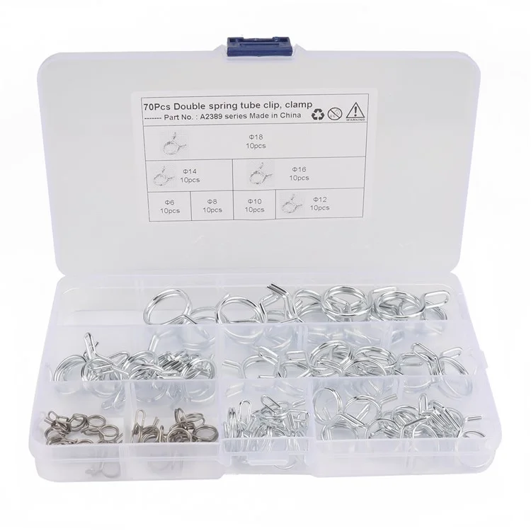 A2389 70Pcs 6-18 Assorted Double Spring Tube Clip Clamp avec boîte de rangement