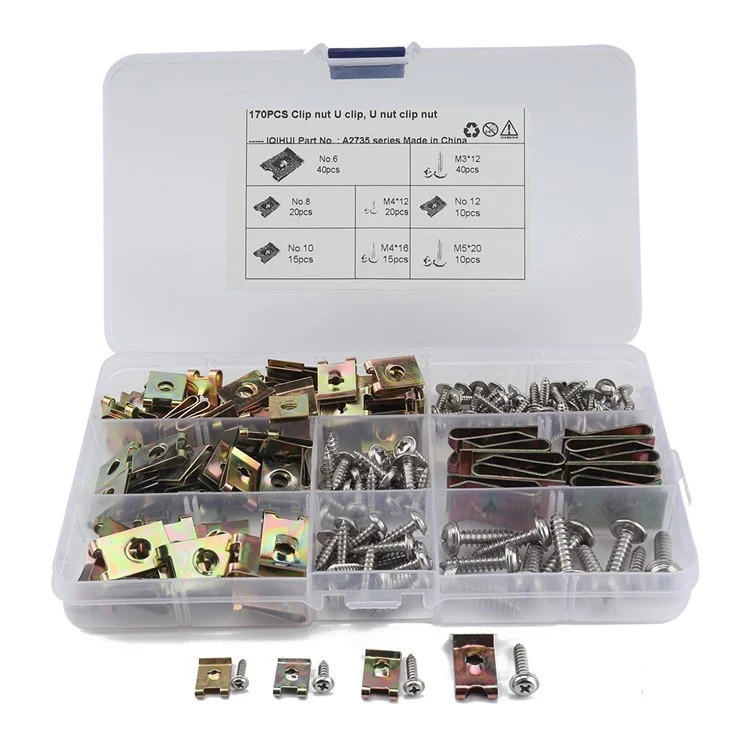 A2735 170Pcs U Type Clip Nut and Screw Assortment + Box for Motorcycle Car