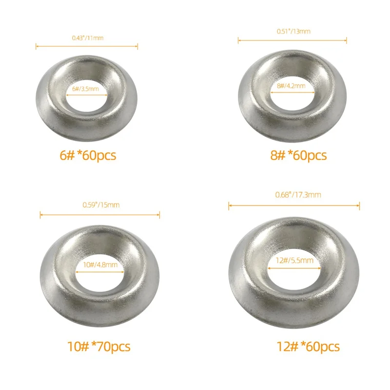 A7768 250Pcs 304 Stainless Steel Countersunk Finish Cup Washers Gasket Fasteners