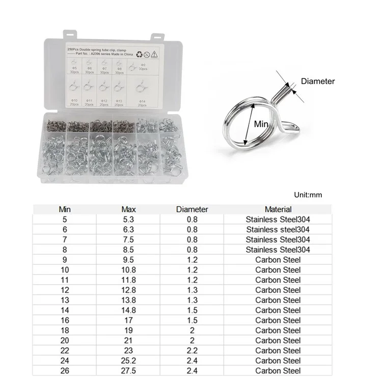 A2396 250Pcs Fuel Line Hose Double Spring Clip Pipe Tube Clamp Kit