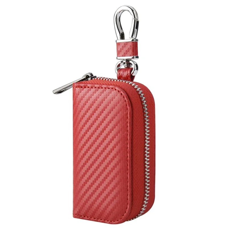 Carbon Fiber Leather Car Remote Key Protector RFID Signal Blocking Pouch Car Security Anti-Theft Bag - Red