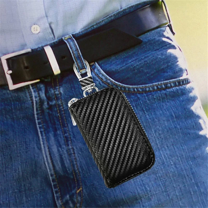 Carbon Fiber Leather Car Remote Key Protector RFID Signal Blocking Pouch Car Security Anti-Theft Bag - Red