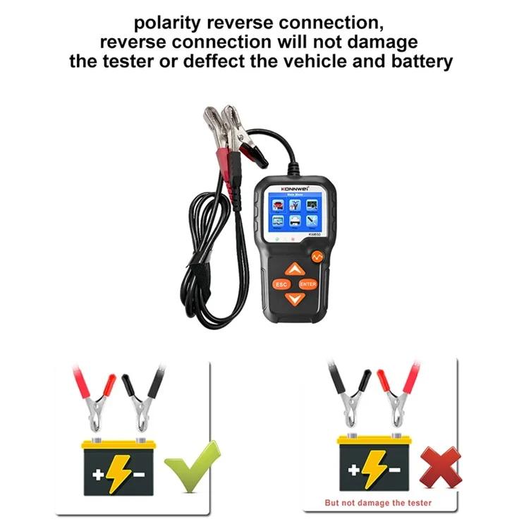 Konnwei KW650 6-12V Auto Motorcycle Tester Chargging Strutt Tead Strumento Dell'analimer Cattere da 100 a 2000 CCA