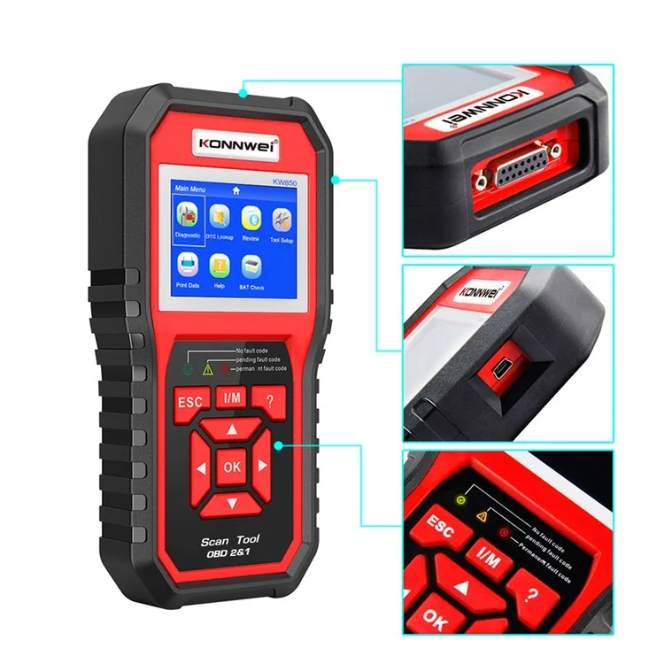 KONNWEI KW850 OBD2 Scanner Code Reader OBD II Automotive Scanner Car Diagnostic Scan Tool Check Engine Tool (Support 8 Languages) - Vermelho