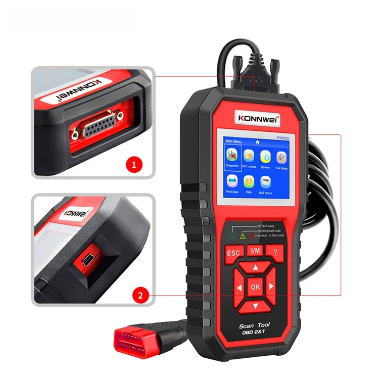 KONNWEI KW850 OBD2 Scanner Code Reader OBD II Automotive Scanner Car Diagnostic Scan Tool Check Engine Tool (Support 8 Languages) - Vermelho