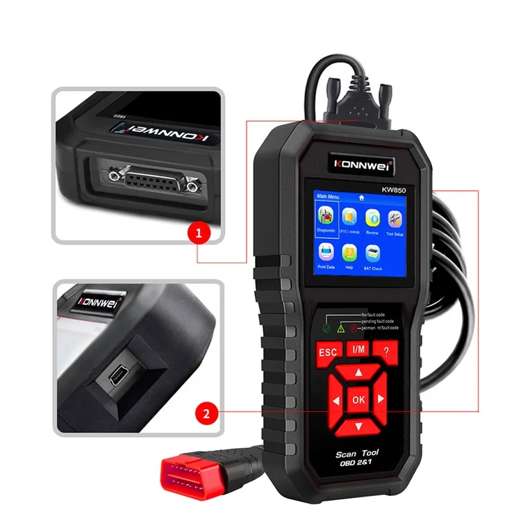 Konnwei KW850 OBD2 Código de Escáner Reader OBD II Automotive Scanner Diagnóstico de Escaneo de Diagnóstico Herramienta de la Herramienta Del Motor (soporte 8 Idiomas) - Negro