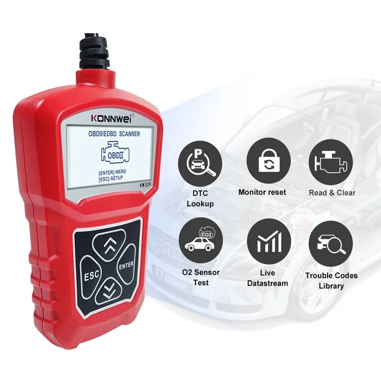 Konnwei KW309 Ferramenta de Diagnóstico Automotivo OBD2 Autoscanner Code Reader EOBD Scan Machine OBDII Scanner - Vermelho