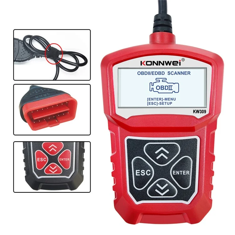 Konnwei KW309 Ferramenta de Diagnóstico Automotivo OBD2 Autoscanner Code Reader EOBD Scan Machine OBDII Scanner - Vermelho