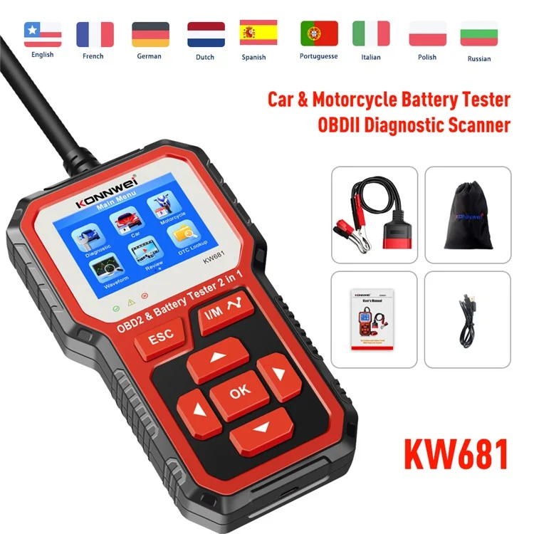 KONNWEI KW681 2 in 1 6-12V Car Battery Tester OBD2 Cars Fault Diagnosis Instrument Battery Analyzer