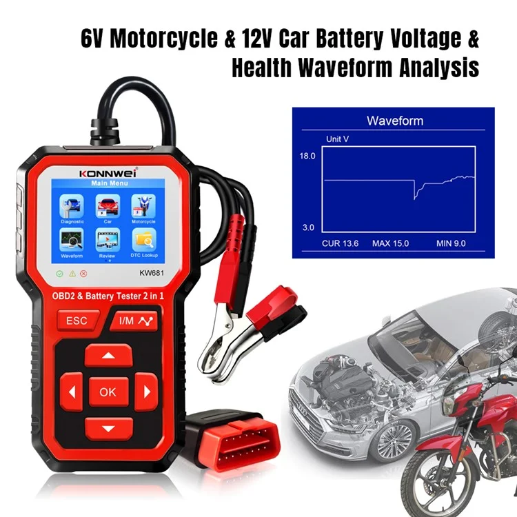 KONNWEI KW681 2 in 1 6-12V Car Battery Tester OBD2 Cars Fault Diagnosis Instrument Battery Analyzer