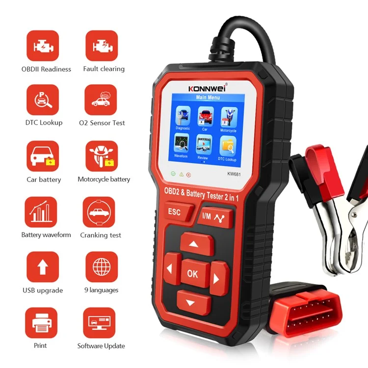 KONNWEI KW681 2 in 1 6-12V Car Battery Tester OBD2 Cars Fault Diagnosis Instrument Battery Analyzer