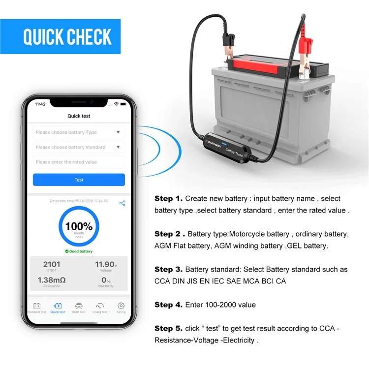 Konnwei BK100 Automotive Wireless Bluetooth 6V 12V Batterie CCA TESTER CAR Battery Ladeanalysator - Schwarz