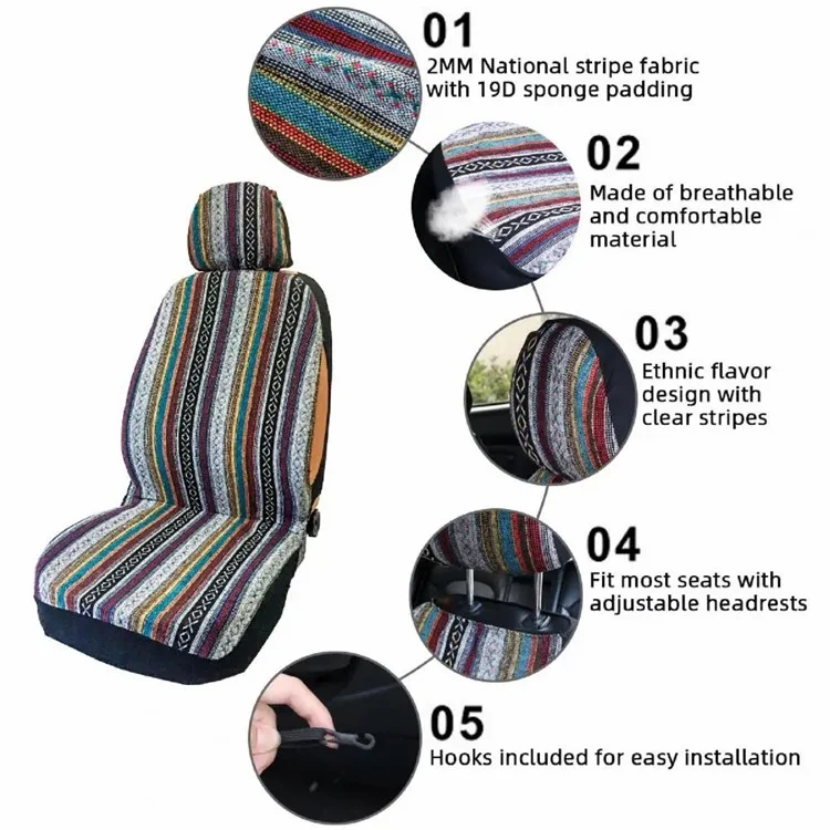 4 piezas / Conjunto de estilo étnico Cubierta de asiento delantero de coche de cobertura completa Protector Antideslizante Automotriz Cubierta de cojín (2 x Cubierta de reposacabezas + 2 x Cubierta de asiento delantero)