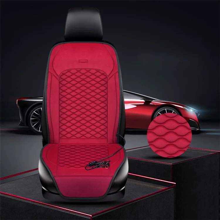 Car Winter Heated Short Plush Seat Cushion for 12V Car Electric Fast Heating Seat Cushion, Cigarette Lighter Power - Red