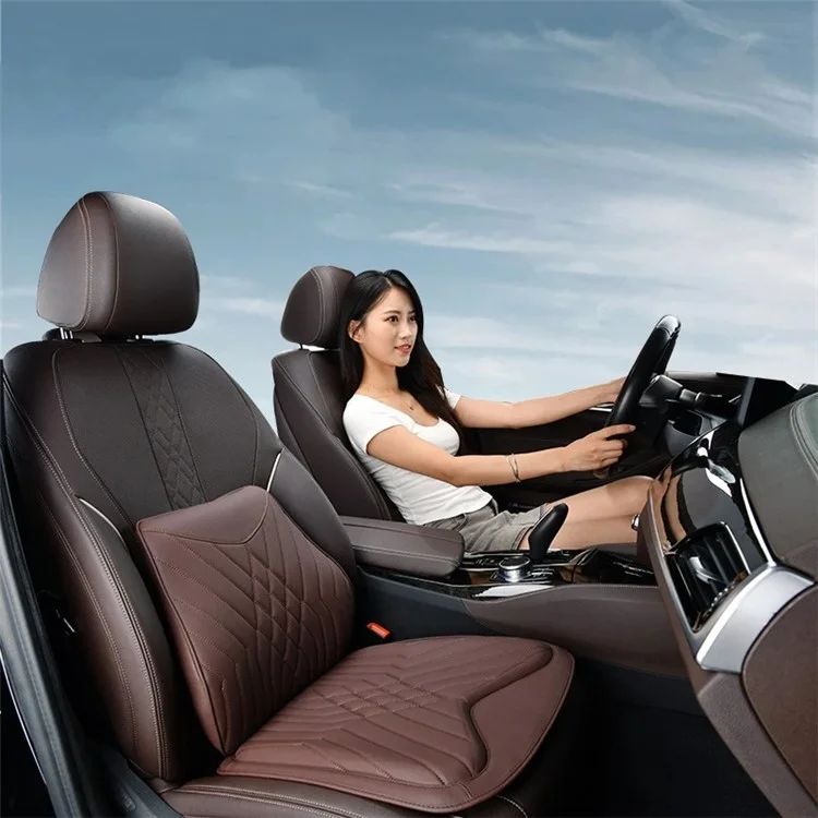 TK036 2 piezas / Juego de cojín de asiento de automóvil y almohada de apoyo lumbar de cuero PU con textura Nappa + espuma de memoria - Marrón