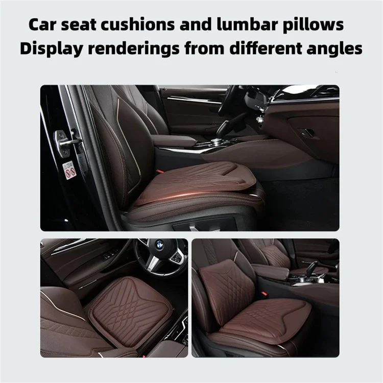 TK036 2 piezas / Juego de cojín de asiento de automóvil y almohada de apoyo lumbar de cuero PU con textura Nappa + espuma de memoria - Marrón
