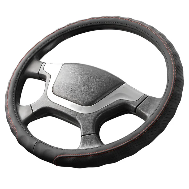 38CM Revêtement de volant de camion en cuir hypoallergénique avec design antidérapant - Noir + Ligne rouge