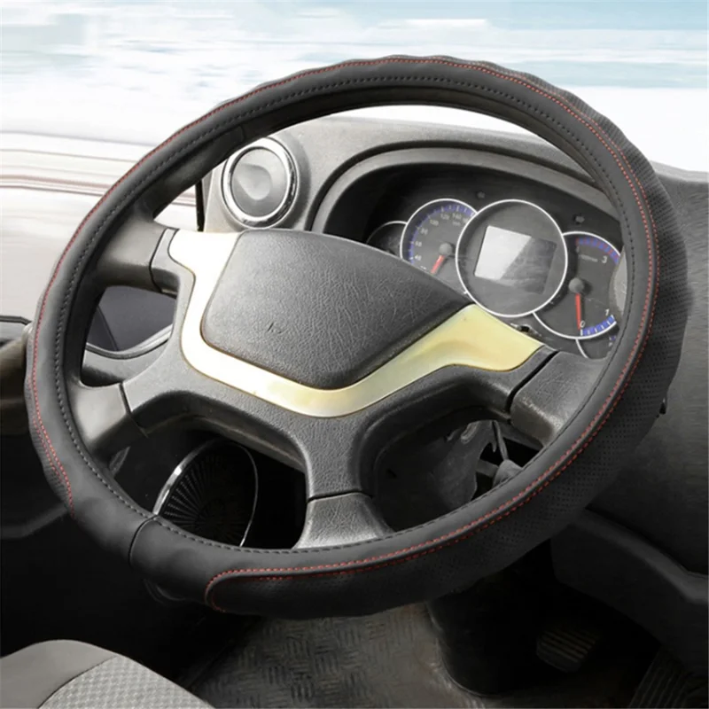 38CM Revêtement de volant de camion en cuir hypoallergénique avec design antidérapant - Noir + Ligne rouge