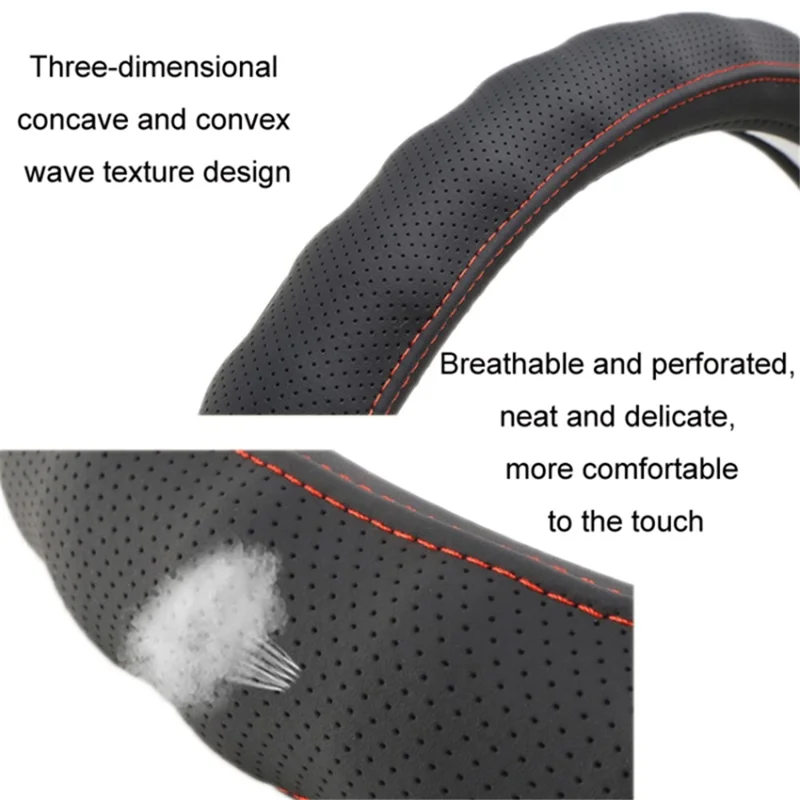 38CM Revêtement de volant de camion en cuir hypoallergénique avec design antidérapant - Noir + Ligne rouge
