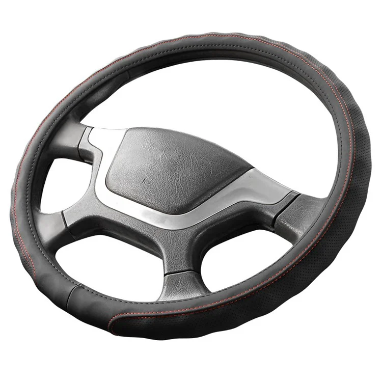 40CM Truck Steering Wheel Cover Anti-Slip Leather Sleeve Protector - Black+Red Line