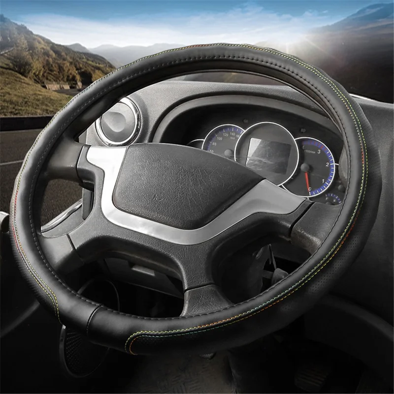 40CM Truck Steering Wheel Cover Anti-Slip Leather Sleeve Protector - Black+Colorful Line