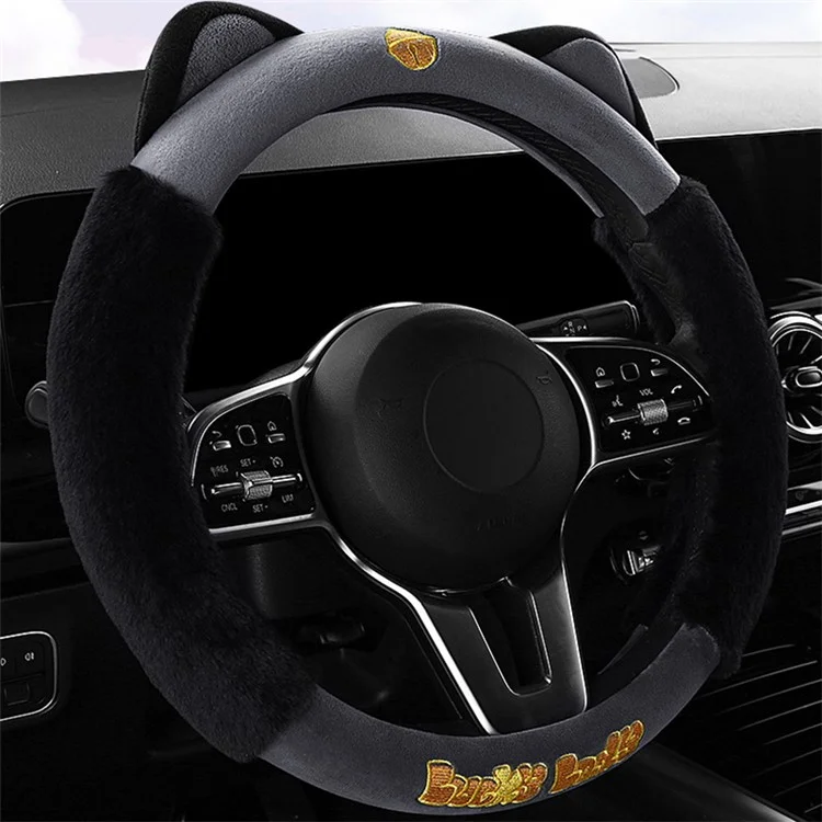 38cm Plush Steering Wheel Cover Cute Cat Non-Slip Car Steering Wheel Protector for Winter Warm - Black Grey