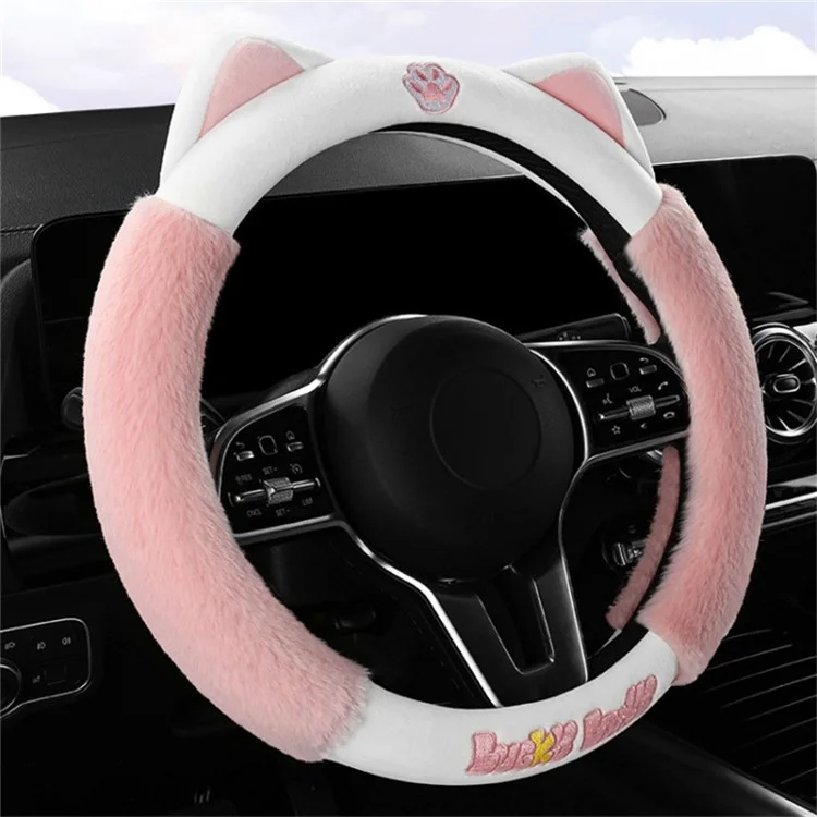 38cm Plush Steering Wheel Cover Cute Cat Non-Slip Car Steering Wheel Protector for Winter Warm - Black Grey