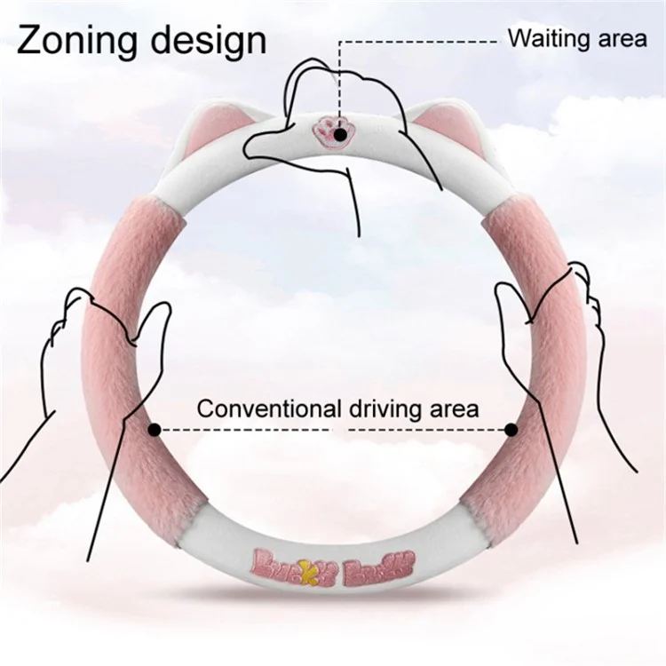 38cm Plush Steering Wheel Cover Cute Cat Non-Slip Car Steering Wheel Protector for Winter Warm - Black Grey