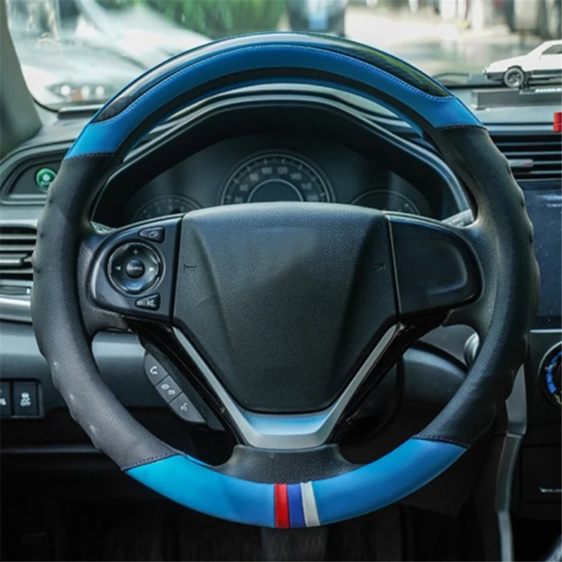 38CM O-Shaped Car Steering Wheel Cover Splicing Color Microfiber Leather Sleeve Protector - Blue