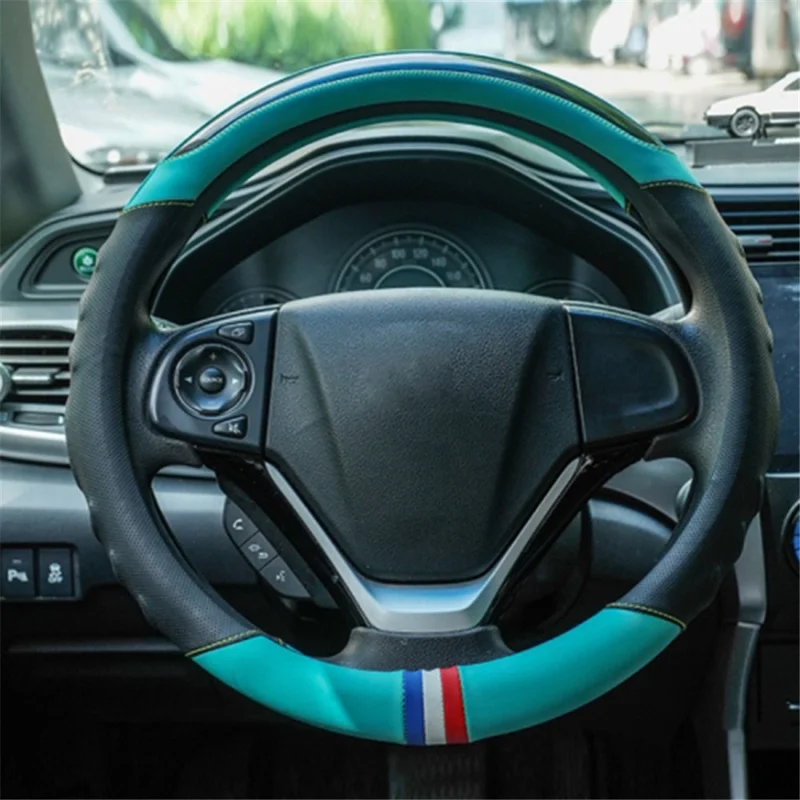 38CM O-Shaped Car Steering Wheel Cover Splicing Color Microfiber Leather Sleeve Protector - Green