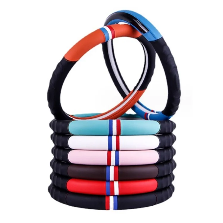 38CM O-Shaped Car Steering Wheel Cover Splicing Color Microfiber Leather Sleeve Protector - Brown